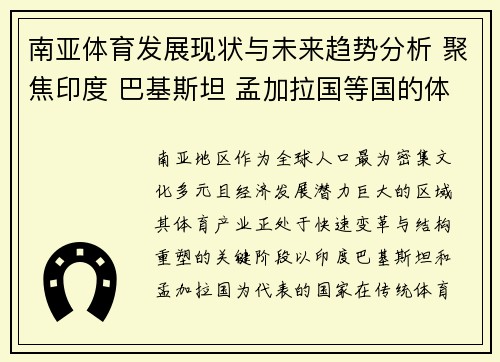 南亚体育发展现状与未来趋势分析 聚焦印度 巴基斯坦 孟加拉国等国的体育产业